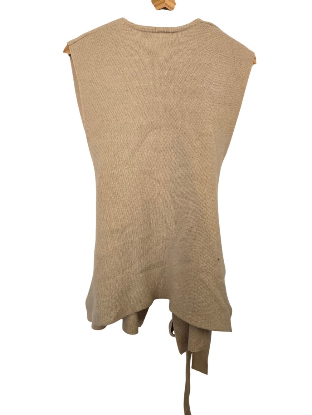 🤎 Fine Low Gauge 100% Wool Draped Belted Sweater Vest Cardigan Beige - Picture 4 of 5
